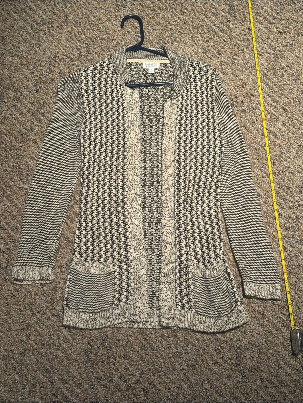 Market & Spruce Black and Cream Open-Front Knit Cardigan w/Pockets, Size Xsmall